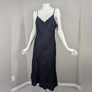 Etam Linen Blend Bias Cut Slip Dress Black Y2K Midi Lined Size S/M
